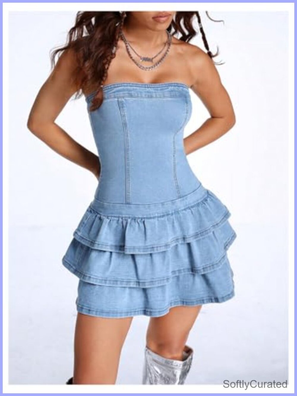 WDIRARA Strapless Layered Ruffle Denim Mini Dress Bandeau Casual - Picture 2 of 5
